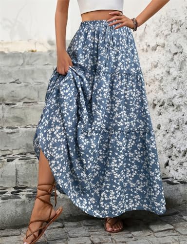 IDEALSANXUN Floral Skirt for Women 2024 Summer Boho Elastic High Waisted Tiered Beach A Line Pleated Long Maxi Skirts4
