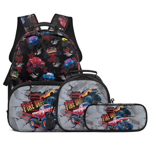 HUIACONG Boys Truck Backpack Set with Reusable Lunch Tote and Pen Case 17 Inch Cool Truck Bookbag 3 Piece for 6th-8th Graders
