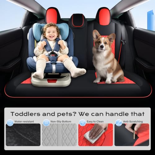 Image of Coverado Car Seat Covers for Tesla Model 3, Full Set 5 Seater, Leatherette Car Seat Covers Front Seats and Back Custom for Tesla Model 3 2024-2025 New BlackRed