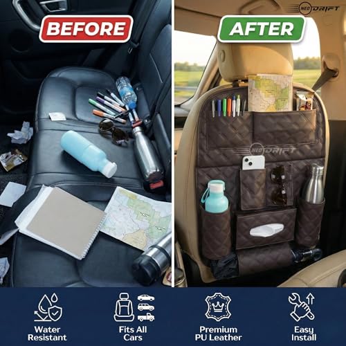 Image of Neodrift 'Seat Master' Premium 7D Car Seat Organizer, Universal Fit, Multi-Pocket Storage for Bottles, Documents or Mobile, Keys And Tissues (Full Coffee)