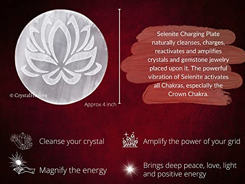 Image of Certified Selenite Crystal Charging Plate, 4 Inches Engraved Lotus Flower of Life Selenite Plate for Crystal Cleansing Re-Energy Work, Meditation and Pooja