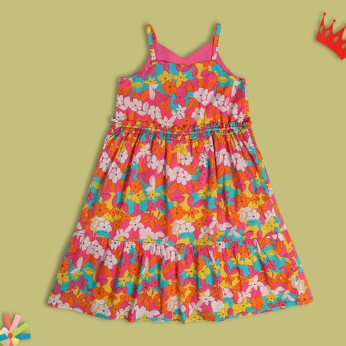 Image of miniklub Girls Strap Sleeveless Woven Cotton Dress (Orange Color)