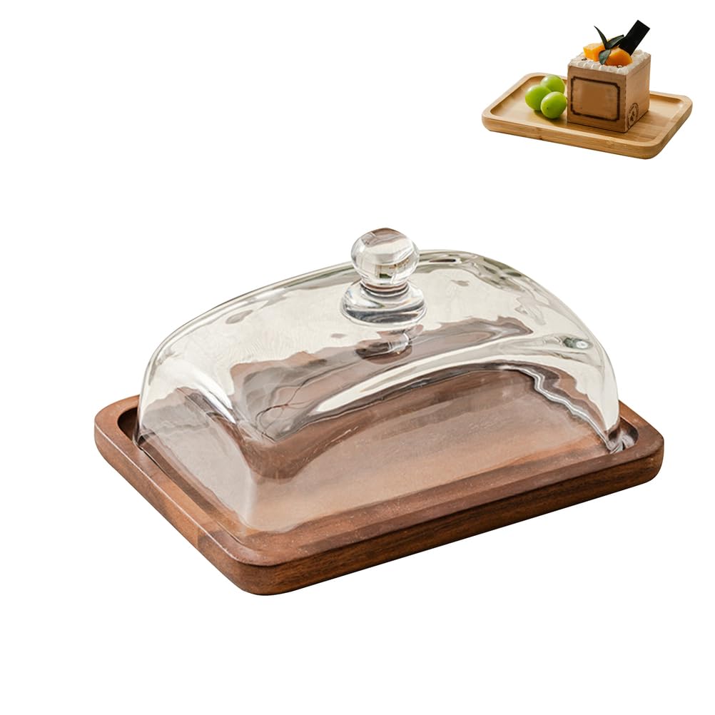 Uck-Kit Acacia Wood Cake Stand With Lid, Rustic En Cake Plate, Food Serving Platter For Cakes, Pastries, Cheese Boards, Clear Galss Cover,