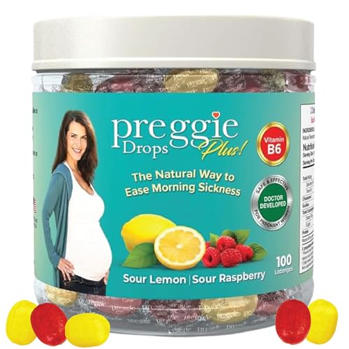 Image of Preggie Drops Plus Pregnancy Nausea Relief Drops with 10 mg Vitamin B6 and Essential Oils, Morning Sickness and Queasy Stomach Support for Pregnant Women, Sour Lemon & Sour Raspberry, 100 Count