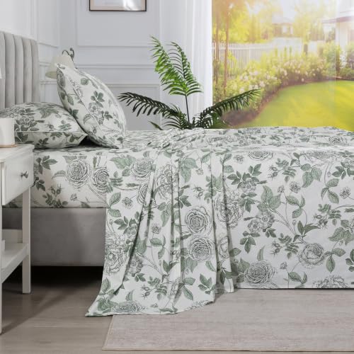 Image of Vintage Green Floral Percale Bed Sheets Queen Size, Deep Pocket