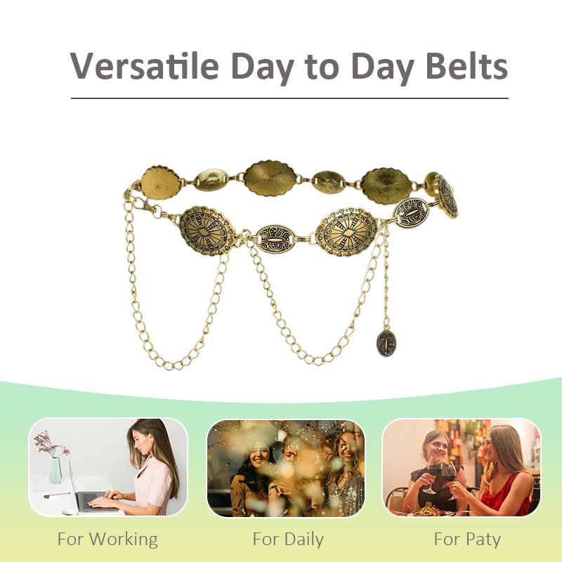 Vintage Western Cowgirl Belt for Women Girls Boho Y2k Grunge Accessories Gold Metal Chain Belts for Women Girls Retro Country Concert Dress Belt for Skirts Jeans Boho Waist Belts Cowgirl Accessories4