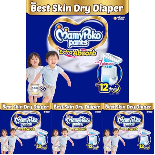 Image of Mamypoko pants Extra Absorb| Pant Style Baby Diapers (XXXL), 36 Count, 18-35kg||Deep Sleep Diapers| Soft gentle fit |Deep Absorbent Crisscross | skin friendly with coconut oil (Pack of 4)