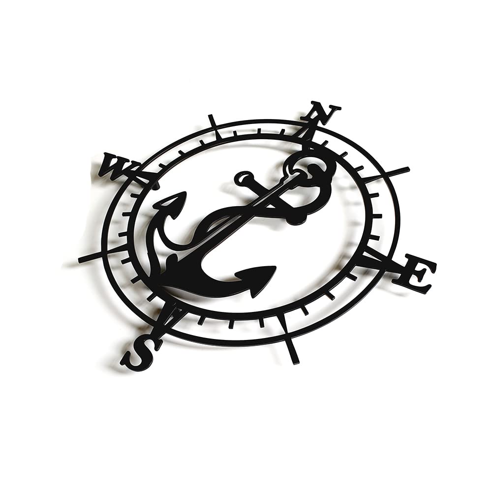 Decorizzly® Kompass aus Metall schwarz Windrose Kompassrose im nautischen Stil, 50cm modern 3D-Wanddekoration, Segeln Marine Wanderlust, Geometrische Wanddeko (Kompass ANCHOR)
