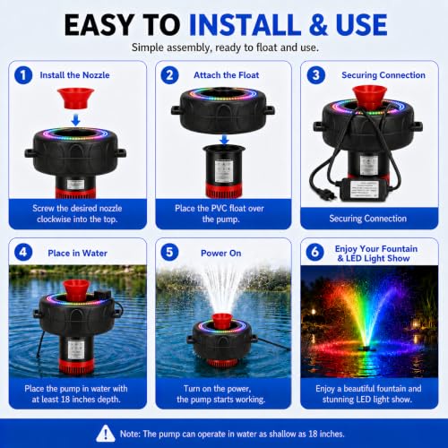 Image of Pond Fountain Aerator with Lights RGB Light 1HP 750W 110V Fountain