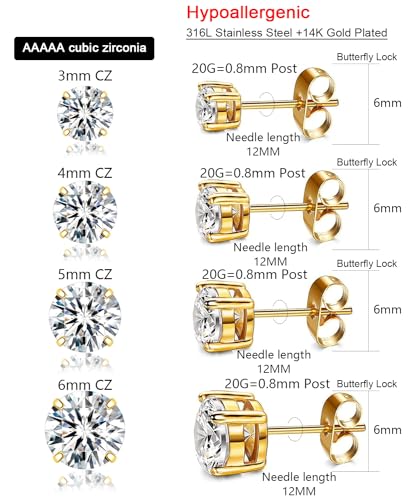 Stud Earrings for Women Men, Hypoallergenic Women's 14K Gold Plated 316L Stainless Steel CZ Studs Earrings Simulated Diamond Round Cubic Zirconia Ear Stud Set2