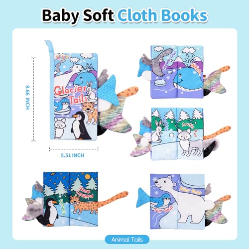 Image of Jollybaby Baby Cloth Books, Touch & Feel Crinkle Soft Books, for Infants Babies, Toddler Early Educational Interactive Stroller Toys, Baby Girl & Boy Gift(Glacier Tails)