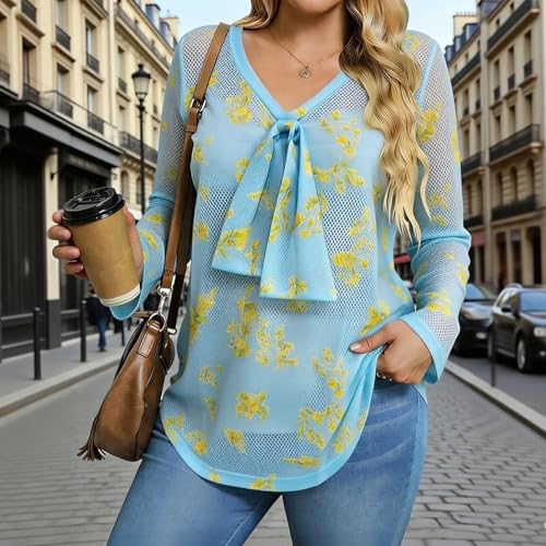 Women's Crochet Mesh Cover Up Top, Long Sleeve V Neck Beach Swimsuit Coverup with Tie Front, Lightweight See Through Shirt Summer Vacation, Floral Print Hollow Out Blouses Casual Plus Size 2X — view 2