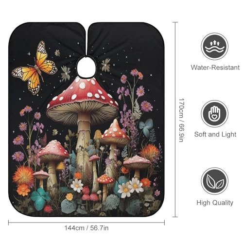 Capa para barbero con diseño de hongos y mariposas, 170x144 cm miniatura 2