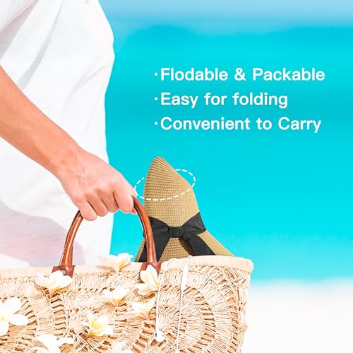 Image of Beach Hats for Women - Sun Hat Womens, Wide Brim Straw Womens Sun Hat with Wind Lanyard Roll Up Foldable UV Protection
