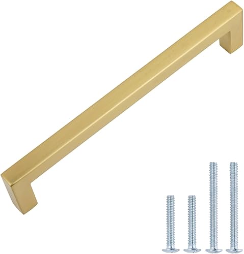 Tienda Basics Manija cuadrada moderna para armario, 5.39 pulgadas de longitud (centro de agujero de 5 pulgadas), champán dorado, paquete de 10