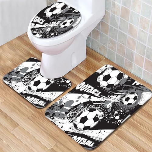 Badezimmerteppich Set Fußball-Schwarz-Weiß-Muster Badgarnitur 3 Teilig Mikrofaser Badematten Set...