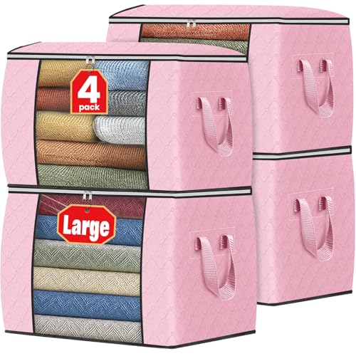 Image of Fab totes 24 Gallons Clothes Storage, Foldable Thick Fabric Blanket Storage Bags, Containers for Organizing Bedroom, Closet, Clothing, Comforter, Organization with Handle (4 Pack,Pink)