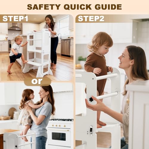 Image of Woodure 4-in-1 Toddler Kitchen Step Stool, Learning Standing Tower with Whiteboard, Wooden Kitchen Stool Helper for Kids, 1-3 Year Old Boy Girl Gifts-White