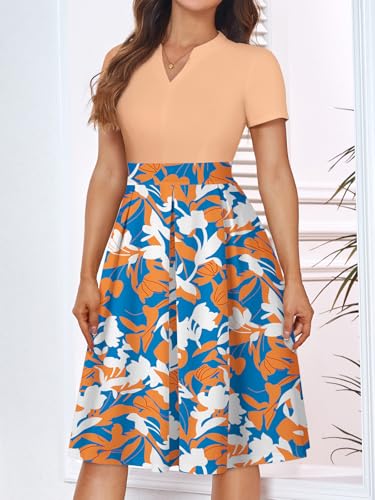 Image of YATHON Womens Elegant Print Notched Neck Slant Pocket Pleated Hem Casual A-Line Dress