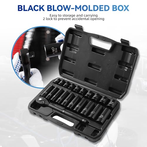 Image of Reniteco 21-Piece 3 /8 inch Drive Socket Set, SAE (5 /16 inch- 7 /8 inch), Deep and Shallow Sockets, 72-Tooth Ratchet Wrench, 6 Point Design, Cr-V