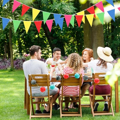 3er Set Wimpelkette Outdoor, 36 Bunte Wimpel (17,5x12,5 cm), 12 m Girlande, Wetterfeste Party Deko für Geburtstag, Gartenparty, Einschulung, Festival & Schützenfest (Regenbogenfarben)