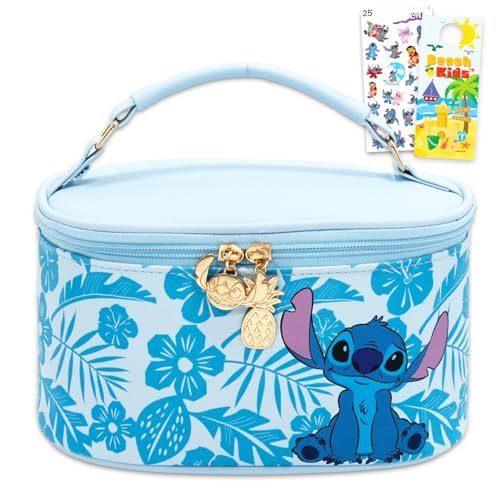 Disney Conjunto de bolsas de cosméticos Stitch – Pacote com estojo oval de cosméticos para maquiagem, artigos de higiene pessoal para viagem, decalques para telefone, adesivos | Bolsa de viagem