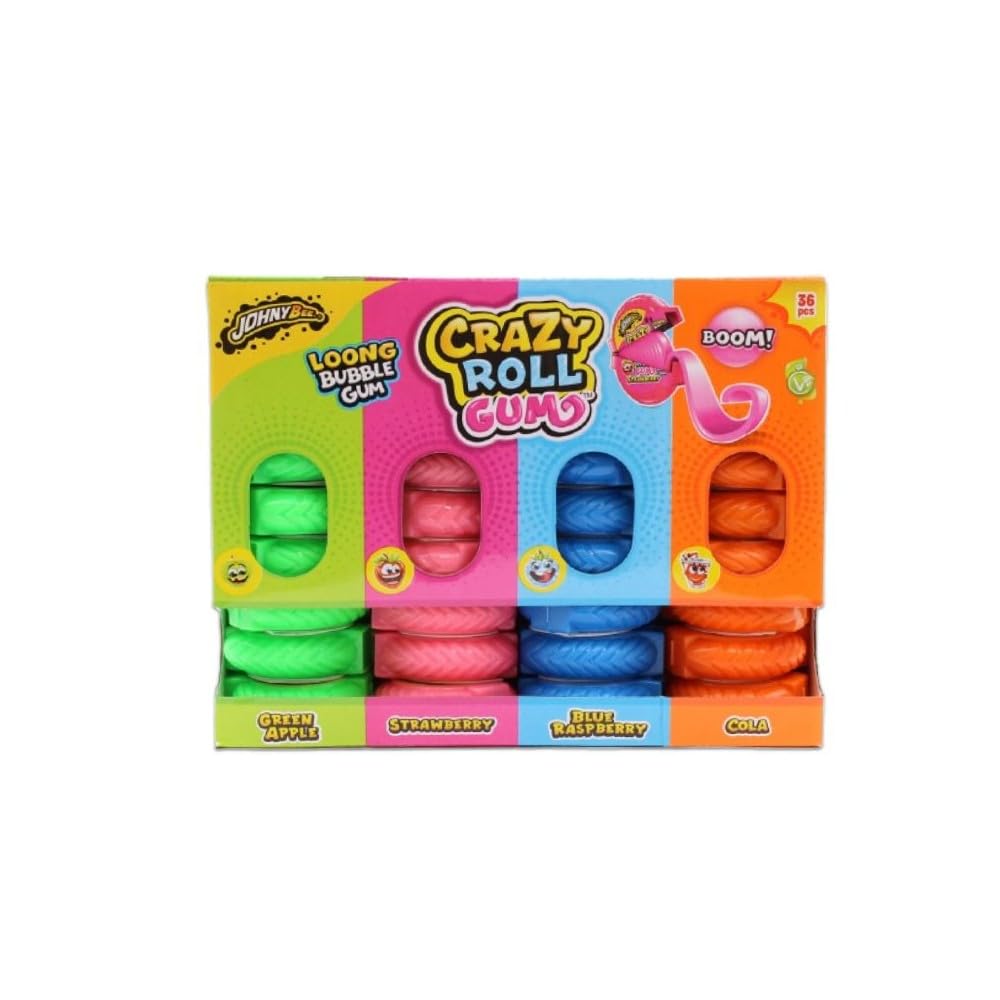 JohnyBee Crazy Roll Gum- Sabor-manzana verde-fresa-frambuesa- cola 36 piezas