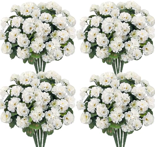 Image of Bassion Artificial Geraniums Flowers for Outdoors Decoration, 4 Pcs, White