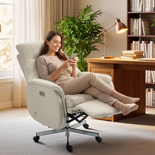 Image of ECOTOUGE Electric Office Chair with USB Charging, Recliner Executive Office Chair with Footrest, Big and Tall High-Back Desk Chair, 400LBS Weight Capacity, Microfiber, Beige