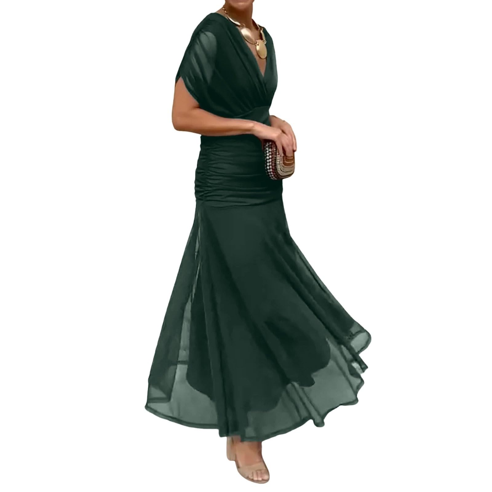 Abito estivo da donna, elegante, lungo, in chiffon, con scollo a V, abito da damigella d'onore, sciancrato, elegante, in tulle, leggero, arioso, linea ad A, abito da sera