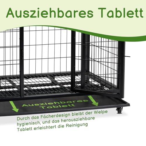 Hundekäfig hochbelastbar, Faltbare Mobile Hundebox, 2 Türen, feststellbare Räder, herausnehmbares Tablett – Für Mittelgroße/Große Hunde – Schwarz (92x62x75 cm)