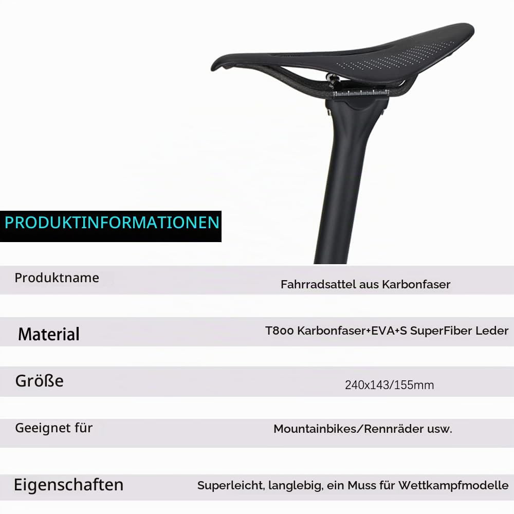Carbon Fahrradsattel/Mountainbikesattel, Rennradsattel, komfortabler wasserdichter MTB Sattel 3k Matte 96g
