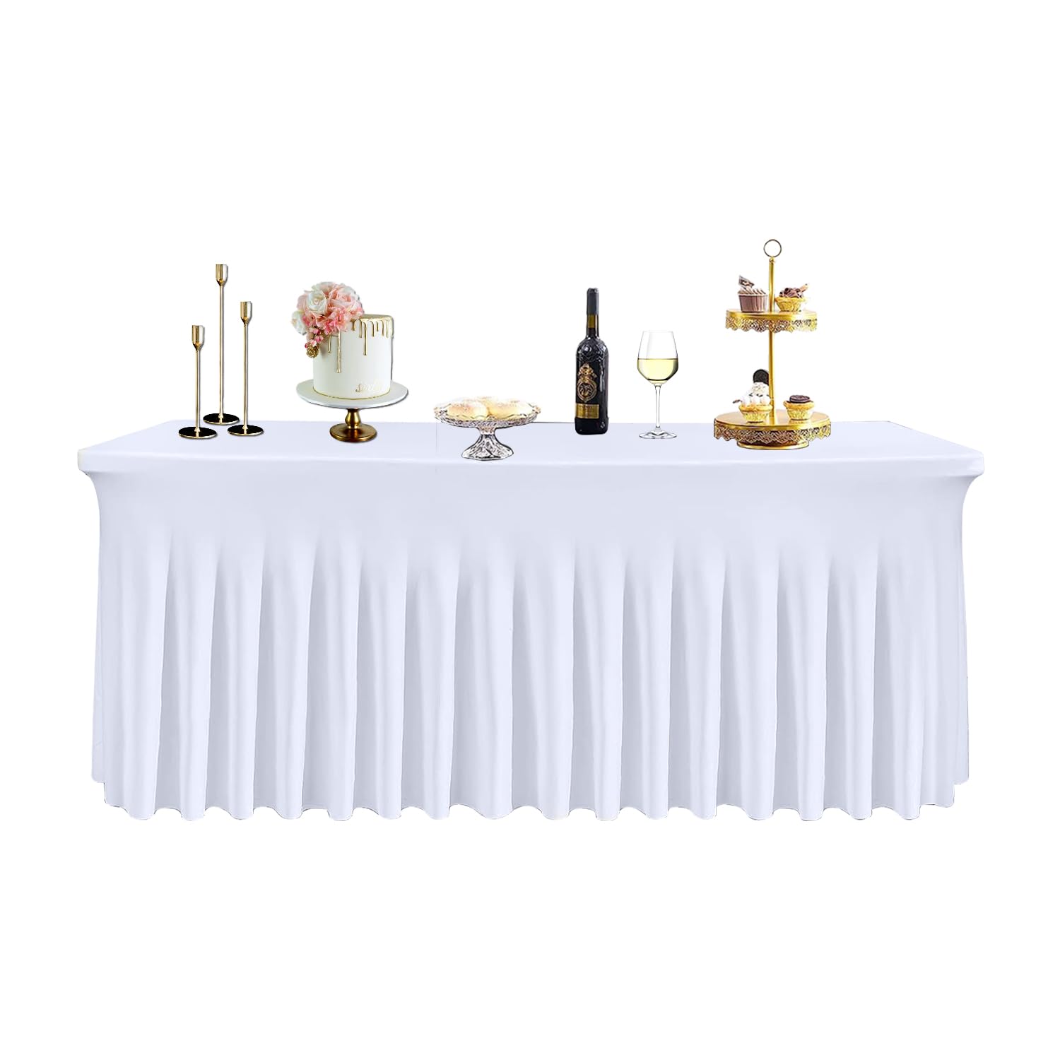 WedDecor White Table Cloth Skirt, 6ft x 2.5ft Pleated Rectangle Spandex Tablecloth Cover For Wedding, Dining, Birthday Party, Baby Shower, Restaurant, Banquet, and Special Events Table Decoration