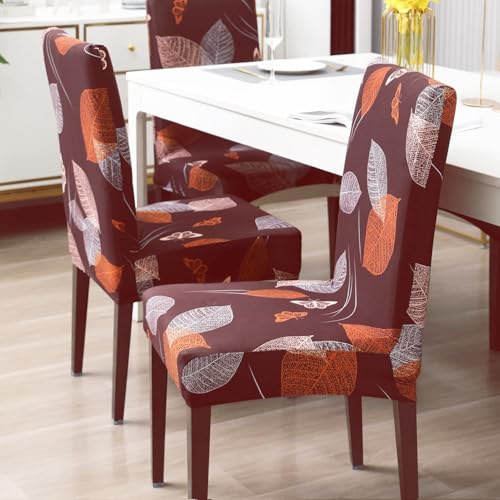 Image of Stretchable Dining Chair Cover - Washable, Removable, Anti-Slip, Protector, Universal Fit (Set of 1, Maroon Leaf)