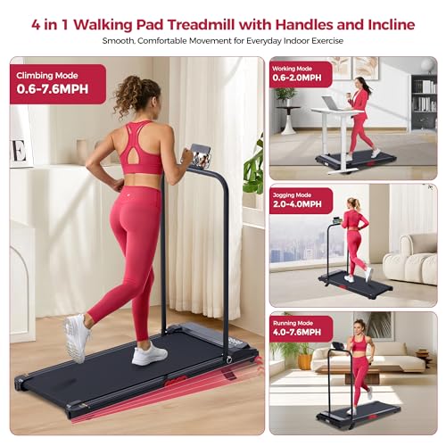 Image of Walking Pad with Incline Handle Bar Portable Treadmills for Home 0.6-7.6MPH Electric Treadmills with Handle Bar for Home, 3.0HP Mini Walking Pad Treadmill with Incline, 350LBS