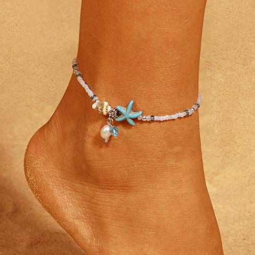 Conifor Boho Silver Starfish Anklets Beach Ankle Bracelet Shell Beads Foot Chain Jewelry for Women and Teen Girls