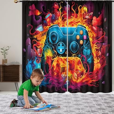 Mitpok Kids Gaming Curtains for Boys Bedroom 42Wx63H Inch Rod Pocket Video Game Cool Gamer Controller Teens Men Flame Fire Gamepad Modern Unique 2 Panels Window Treatment Set for Living Room Decor Cover