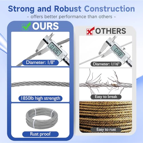 Image of 100FT 1 /8 inch T316 Stainless Steel Cable Marine Grade, Wire Rope Cable for Deck Cable Railing System Post Kit, 1850 lb Breaking Strength, 7x7 Strands Aircraft Cable for DIY Deck Railing, Silver