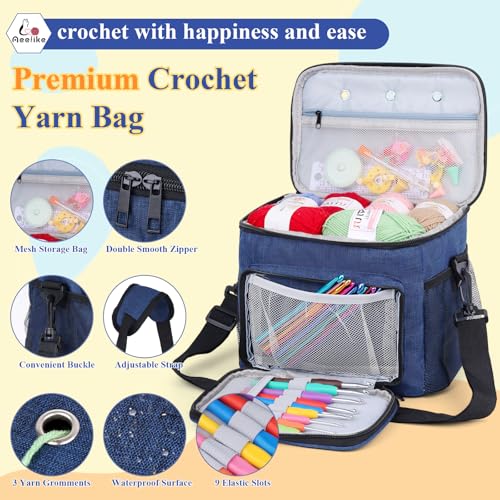 Image of Aeelike Complete Beginner Kit 87PCS, Crochet Kit for Beginners Adults, Navy Portable Yarn Bag, 23 Crochet Hooks,Yarn 20 Colors Skeins, Instruction & Crocheting Accessories