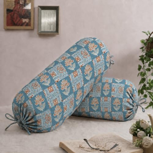 Image of Trance Home Linen Premium 16x32 Inches 100% Cotton Bolster Covers with Tie Knot | Anti-Pill 200 Tc Thread Count | Dewan Bed Round Pillow Cover (Ajrak Blue - Pack of 2)