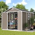 UDPATIO Outdoor Resin Storage Shed 8 x 10 FT, Plastic Storage Shed with Floor Large Outdoors Garden Tool Storage Shed Outside Clearance Shed with Lockable Door for Bike, Backyard, Patio, Brown