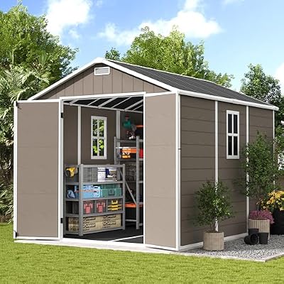 UDPATIO Outdoor Resin Storage Shed 8 x 10 FT, Plastic Storage Shed with Floor Large Outdoors Garden Tool Storage Shed Outside Clearance Shed with Lockable Door for Bike, Backyard, Patio, Brown