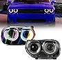 MOSTPLUS LED RGB DRL Projector Headlights Assembly Compatible for 2015 2016 2017 2018 2019 2020 Dodge Challenger SE R/T with Full LED Bars Front Lamp with Multicolor RGB Halo DRL (Set of 2)