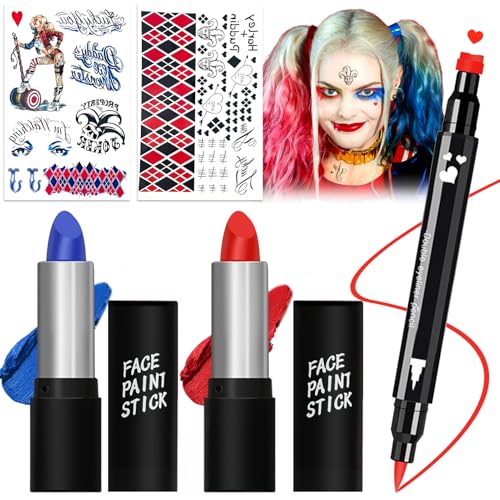 Conjunto de maquilhagem de Halloween, 2 peças pintura para o rosto Halloween, selo delineador de olhos, 2 Halloween Joker Tattoo, maquilhagem Halloween pintura corporal e facial, para festas de