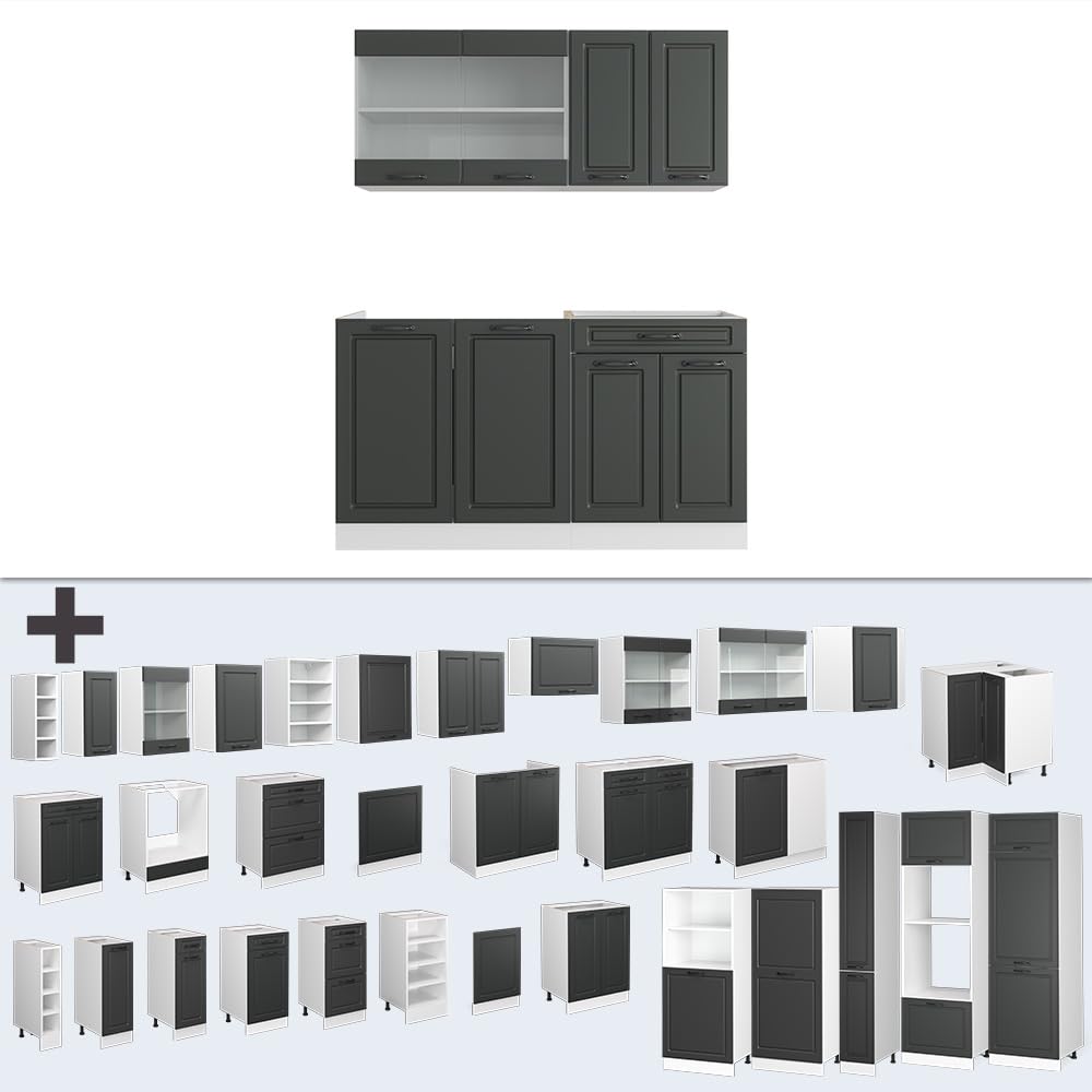 Vicco Singleküche R-Line, Anthrazit Landhaus, 140 cm ohne Arbeitsplatte, geeignet für kleine Räume, modular erweiterbar
