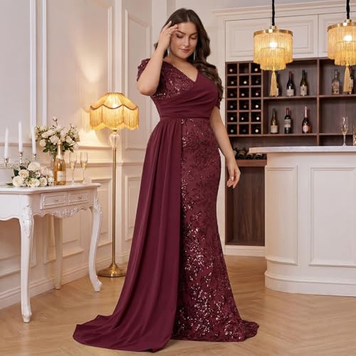 Image of Elegant Women's Formal Dress Wedding Guest Puff Sleeve Mermaid Ball Gowns Court Train Plus Size Sequin Long Dresses