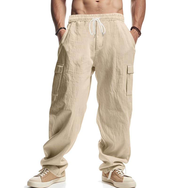 Fashion Linen Pants for Mens Summer Casual Trousers Comfy Loose Fit Solid Color Drawstring Waist Pant Lightweight