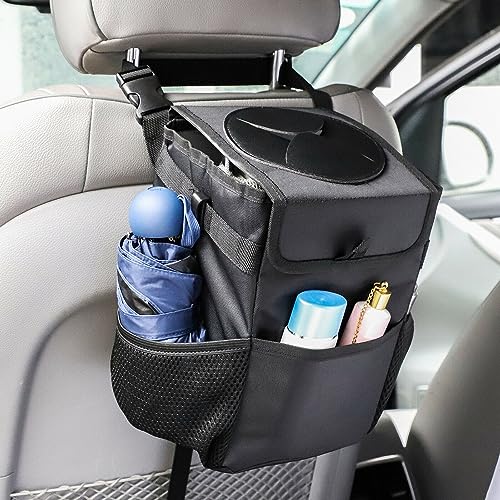 Image of sound-way Car Trash Can with Lid Anti-odors and Storage Pockets, Waterproof Garbage Can, Multipurpose Trash Bin for Car, 100% Leak-Proof Organizer