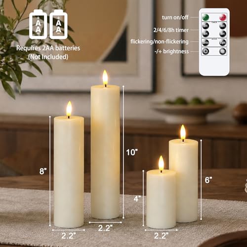 Image of Flickering Flameless Pillar Candles with Remote Control and Cycle Timer,Ivory Pack of 4 Battery Operated(Powered by 2AA) LED Real Wax Tall Fake 3D-Wick Electric Candles(D 2.2 inch x H 4 inch,6 inch,8 inch,10 inch)
