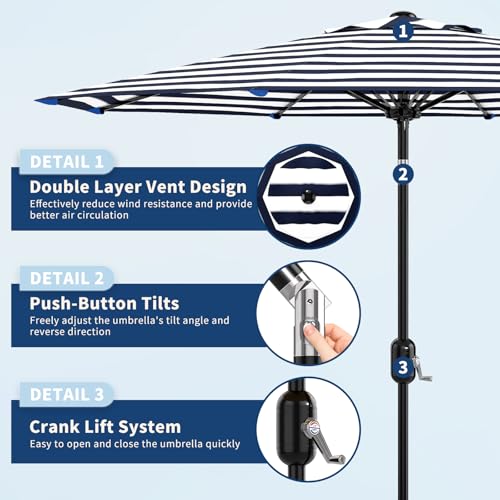 Patio Umbrella 9ft, Table Umbrella Outdoor Patio UV Protection with Crank Lift & Push Button Tilt, 8 Sturdy Ribs for Yard, Deck, Pool - Blue & White Stripe